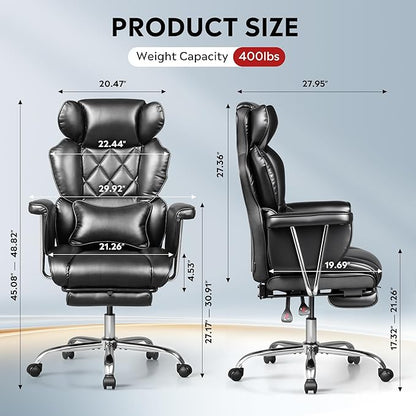 DEVAISE Executive Ergonomic Leather Home Office Chair with Footrest, Comfy Reclining Big and Tall Desk Chair with Lumbar Support, Heavy Duty, SGS Class 4 Gas Lift, Black