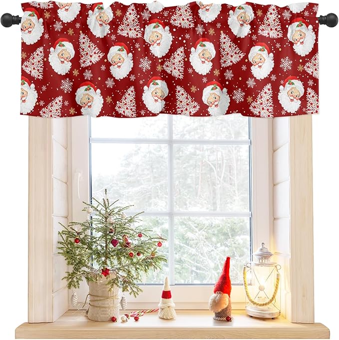 Red Christmas Valance Curtains for Kitchen Windows Santa Claus Merry Christmas Tree Rod Pocket Window Treatment Toppers for Kitchen/Living Room/Bedroom/Bathroom, 60" X 18", Winter Snowflake
