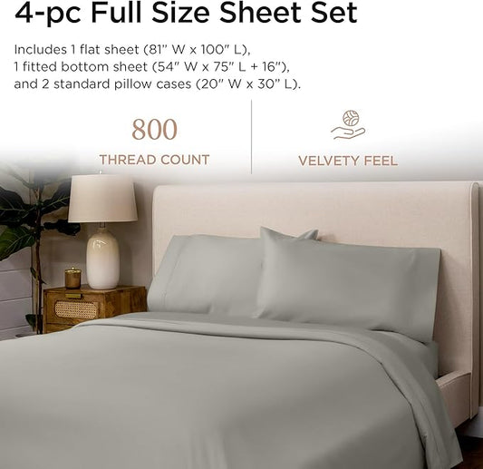 Threadmill Luxury 800 Thread Count Full Size 100% Cotton Sheets - Moonrock Grey Sateen Weave Bed-Sheets, Better Than Egyptian Cotton, 4 Pc Solid Bed Set, Fits 16" Deep Pocket