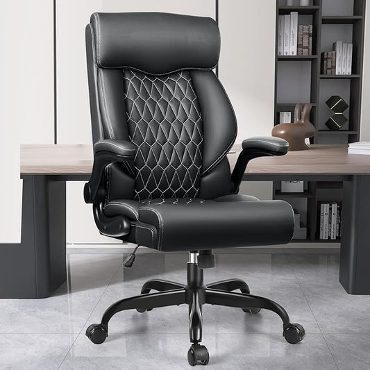 Office Chair, High Back Executive Office Chair Ergonomic Computer Desk Chair with Rocking Function, Leather Managerial with Adjustable Flip-Up Armrests and Lumbar Support