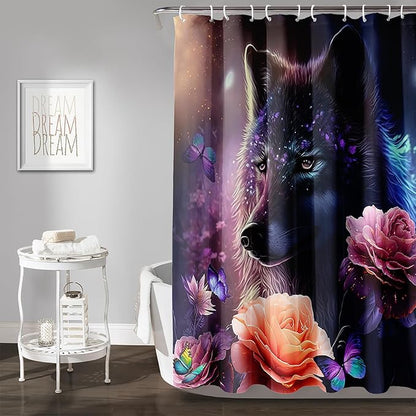 AILONEN Wolf Shower Curtain,Butterfly Flower Wolf Bath Curtain for Kids Boys Girls,Polyester Waterproof for Bathroom with 12 Plastic Hooks 72" W*72" H