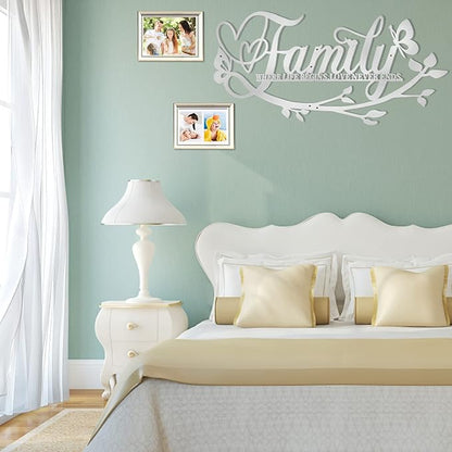 Family Where Life Begins Love Never Ends Word Sign Metal Wall Decor, Silver Home Decor Wall Art Decorations, Letters Quotes Sign for Living Room Bedroom Kitchen Indoor Outdoor Decor(28 x 13in)