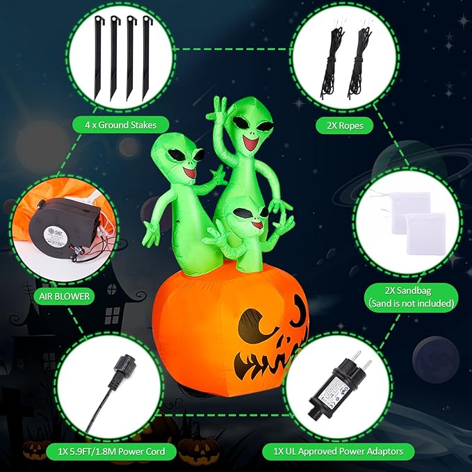 CAMULAND 6FT Halloween Inflatable Pumpkin Alien Decorations Outdoor,Halloween Inflatable Blow Up Decor with Built-in LED Lights Outdoor Inflatable Decoration for Garden, Lawn, Yard, Party 6FT Hall