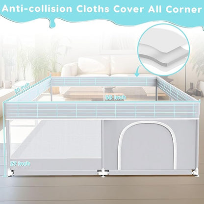 Baby Playpen, 50x50 Inch Baby Playard for Babies and Toddlers, Play Pens for Indoor & Outdoor, Sturdy Safety Play Yard with Soft Breathable Mesh, Anti-Fall, Grey