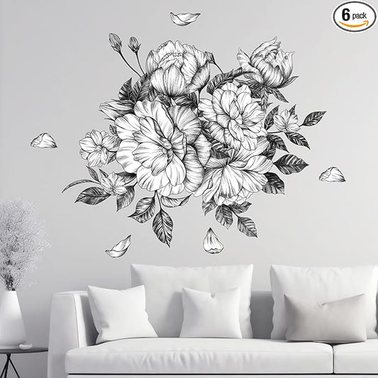 Zonon Flowers Wall Decals Vinyl Dragonflies Flowers Wall Stickers Removable Floral Wall Murals Peel and Stick Colorful Flower Wall Decor for Bedroom Living Room Nursery(Floral Peony)