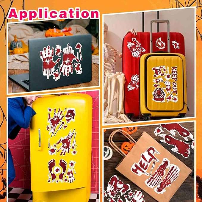 Halloween Wall Stickers, 8 Sheets Bloody Handprint and Footprint Stickers, Scary Halloween Party Decorations, Large Size Door Bathroom Indoor & Outdoor Home Decor