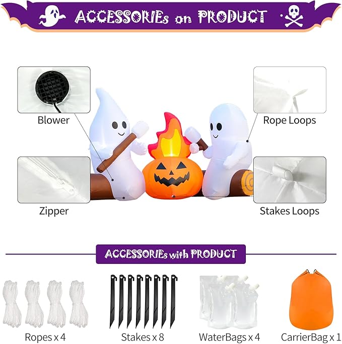 6FT Halloween Inflatable Blow Up Decorations, Cute Ghosts Roasting Marshmallows Over Campfire, Built-in LEDs for Holiday Party, Garden, Lawn, Yard, Patio Décor