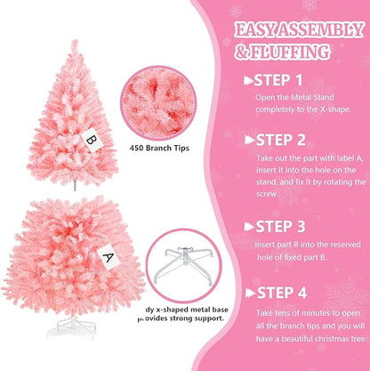 4ft Artificial Christmas Tree, Arbol de Navidad with 450 Branch Tips, Premium North Valley Spruce with Foldable Base Stand, Xmas Tree for Home, Office,Party Decoration-Pink