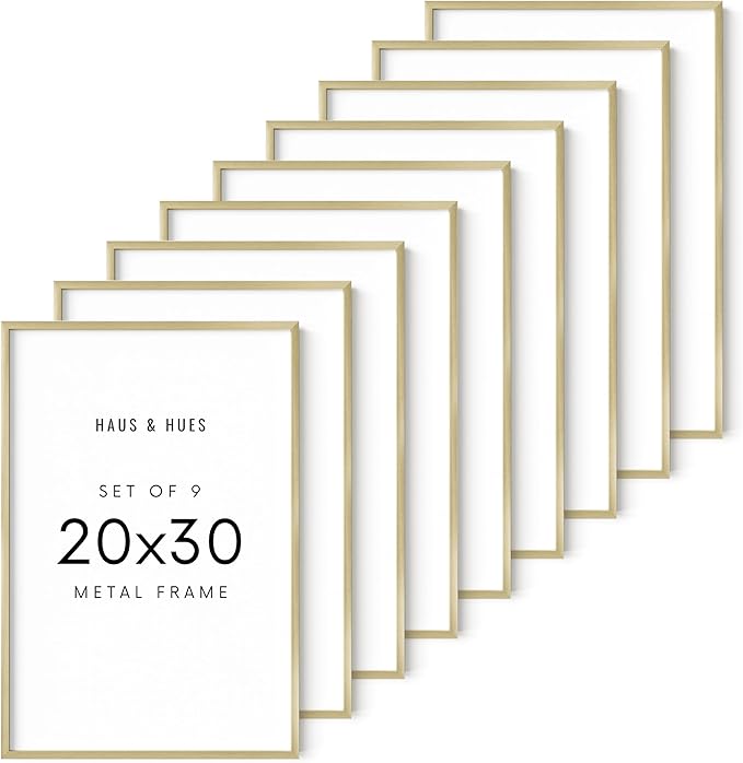 HAUS AND HUES 20x30 Gold Metal Picture Frames - Features Premium Aluminum, Vertical & Horizontal Hang, Shatterproof Plexiglass - Perfect for Home, Room, Office (20x30 in, Gold, Set of 9)