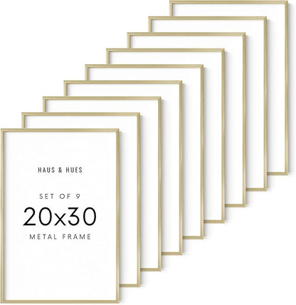 HAUS AND HUES 20x30 Gold Metal Picture Frames - Features Premium Aluminum, Vertical & Horizontal Hang, Shatterproof Plexiglass - Perfect for Home, Room, Office (20x30 in, Gold, Set of 9)