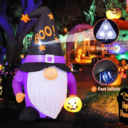 GOOSH 5 FT Halloween Inflatables Gnomes Outdoor Decorations Blow Up Yard Cute Gnomes Helding Pumpkin with Built-in LEDs for Garden Lawn Indoor Party Decor