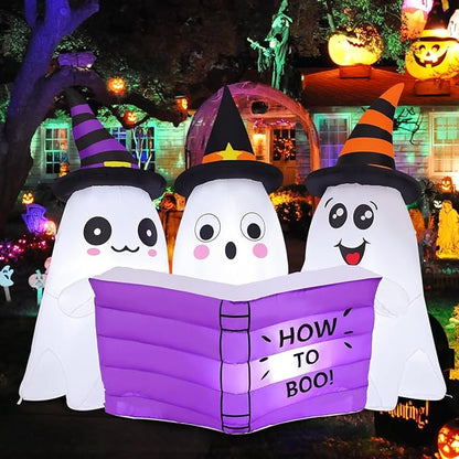 GOOSH 5.2FT Long Halloween Inflatables Ghost Outdoor Decoration Blow Up Yard Cute Ghosts Reading Book with Built-in LEDs for Indoor Party Garden Lawn Holiday Decor