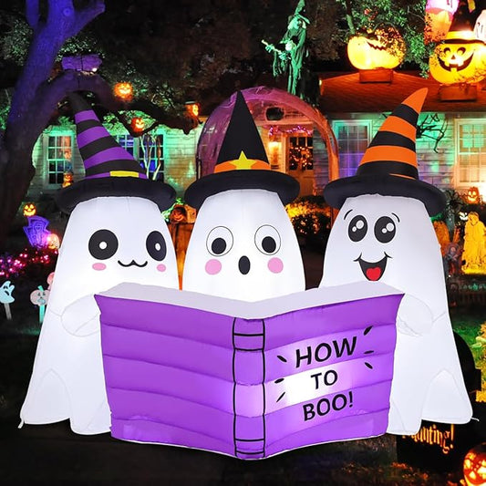 GOOSH 5.2FT Long Halloween Inflatables Ghost Outdoor Decoration Blow Up Yard Cute Ghosts Reading Book with Built-in LEDs for Indoor Party Garden Lawn Holiday Decor