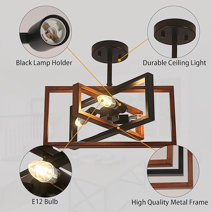 DELIPOP 3-Light Farmhouse Ceiling Light, Industrial Metal Semi Flush Mount Ceiling Light for Dining Room Kitchen Entryway Hallway, Faux-Wood Color Finish