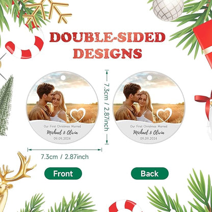 Our First Christmas Married Ornament, Personalized Photo Christmas Ornament 2025 for Newlyweds, Couple Just Married Ornament, Customized Wedding Gifts for Couples Him Her