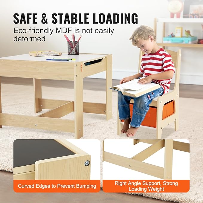 VEVOR Kids Table and Chair Set, 3 in 1 Wooden Activity Table with Storage Space and Boxes, Detachable Tabletop Kids Play Table for Toddlers Art, Craft, Reading, Learning