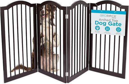 INTERNET'S BEST Arched Top Dog Gate | 4 Panel, 36" H Wooden Pet Barrier for Dogs or Cats | Freestanding Folding Room Divider for Doorways, Hallways, Stairs, and Porch | Portable, Extra Wide | Espresso