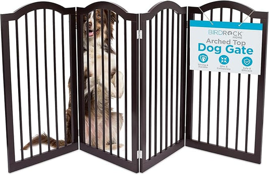 INTERNET'S BEST Arched Top Dog Gate | 4 Panel, 36" H Wooden Pet Barrier for Dogs or Cats | Freestanding Folding Room Divider for Doorways, Hallways, Stairs, and Porch | Portable, Extra Wide | Espresso