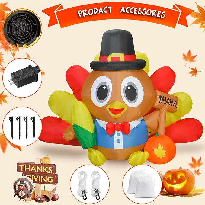 BOHON 5.3 FT Long Inflatable Turkey Outdoor Thanksgiving Decoration with Colorful Big Tail & Pilgrim Hat, Built-in LED Lights, Blow Up Yard Decoration for Yard Indoor Party Garden Lawn Decor
