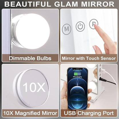 Kottova Vanity Mirror with Lights,23×18" Makeup Mirror,Hollywood Mirror with 15 LED,3 Color Modes & Detachable 10X Magnification Mirror,Slim Metal Frame Design,Smart Touch Control,Plug in