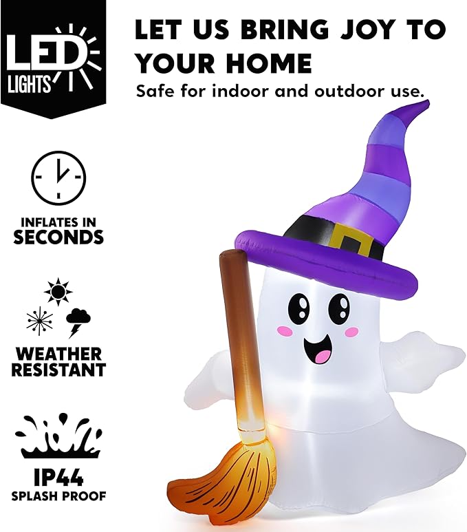 JOYIN 6 FT Tall Halloween Inflatables Ghost Outdoor Decorations, Cute Blow Up Ghost Holding Broom with LED, Blow Up Yard Decorations for Halloween Outdoor Yard Garden Lawn Party Decor