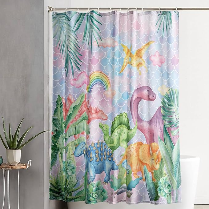 AILONEN Girls Dinosaur Shower Curtain 60" W*72" H for Bathroom,Cute Dinosaur Bathroom Shower for Kids Girls,Cartoon Dinosaur Rainbow Bath Curtain Polyester Waterproof Shower Curtain with 12 Hooks