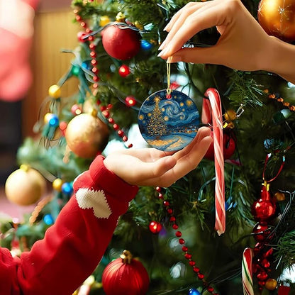 Starry Night Christmas Tree Ornaments Round Ceramic Ornament Christmas Keepsake Decor for Xmas Tree Winter Holiday Xmas Gift for Women Men Hanging Ornament 3"
