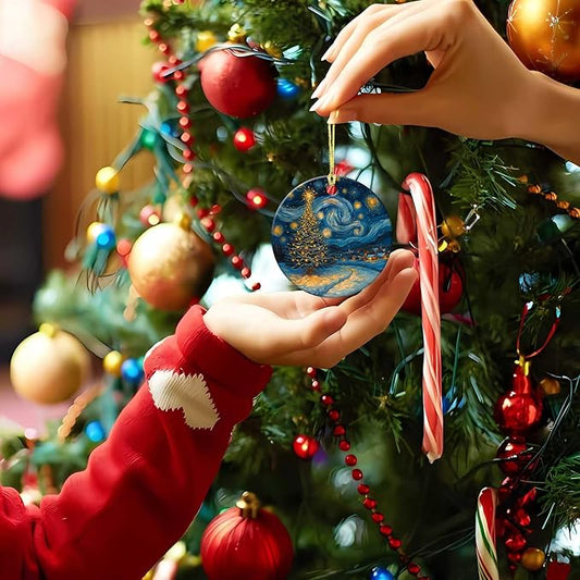 Starry Night Christmas Tree Ornaments Round Ceramic Ornament Christmas Keepsake Decor for Xmas Tree Winter Holiday Xmas Gift for Women Men Hanging Ornament 3"
