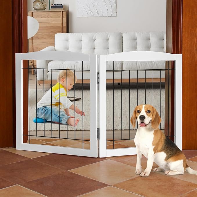 ZJSF Freestanding Foldable Extra Wide Wooden White Indoor Puppy Gate - 2 Panels Tall Dog Fence