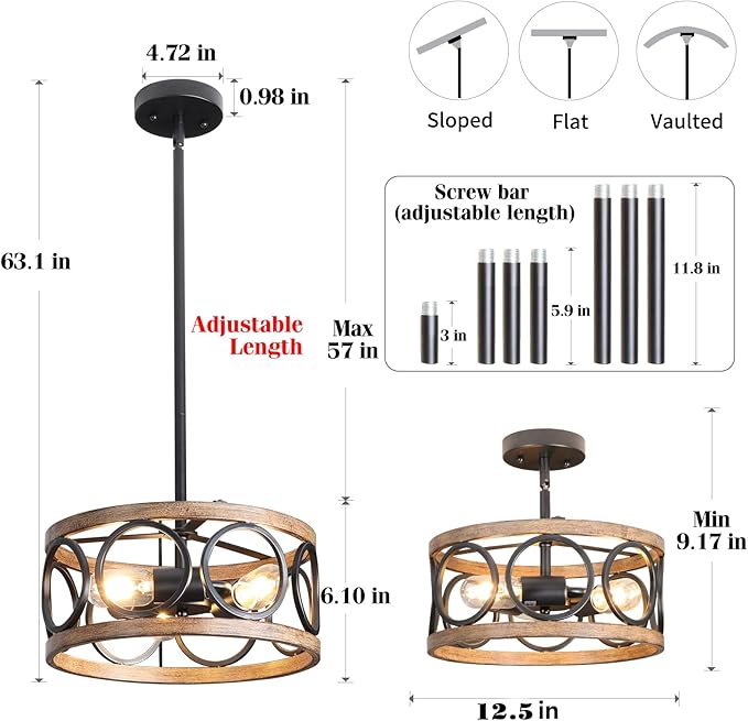 Semi Flush Mount Ceiling Light, 3-Lights Modern Farmhouse Ceiling Lighting Fixture, Vintage Close to Ceiling Light for Kitchen Hallway Foyer Bedroom Black and Wood Grain Finish