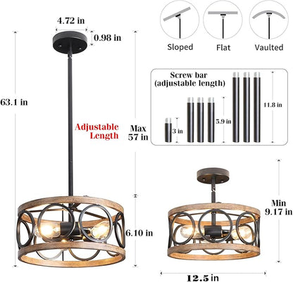 Semi Flush Mount Ceiling Light, 3-Lights Modern Farmhouse Ceiling Lighting Fixture, Vintage Close to Ceiling Light for Kitchen Hallway Foyer Bedroom Black and Wood Grain Finish