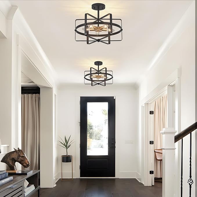 5-Light Farmhouse Semi Flush Mount Ceiling Light, 12.6'' Modern Black and Gold Ceiling Light Fixture Industrial Lighting Fixture for Entryway Hallway Foyer Dining Room Kitchen Bedroom