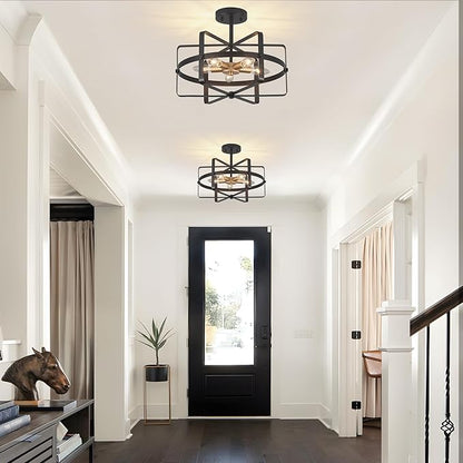 5-Light Farmhouse Semi Flush Mount Ceiling Light, 12.6'' Modern Black and Gold Ceiling Light Fixture Industrial Lighting Fixture for Entryway Hallway Foyer Dining Room Kitchen Bedroom