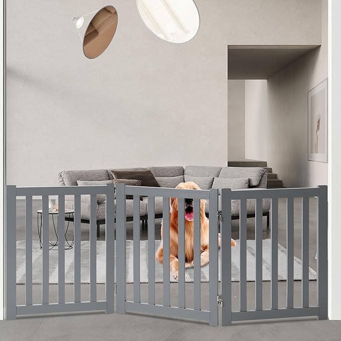 LZRS 3-Panel Wooden Free Standing Foldable Dog Gate – 24" High,Step-Over Safety Pet Gate for Doorways, Stairs, Hallways, Indoor Dog Barrier for Small to Medium Dogs & Puppies, Grey