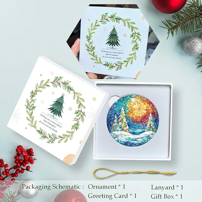 Happy Winter Ornaments Snow Pine Round Ceramic Stained Glass Style Hanging Ornament Christmas Keepsake Decor for Xmas Tree Winter Holiday Xmas Gift for Women Men 3"
