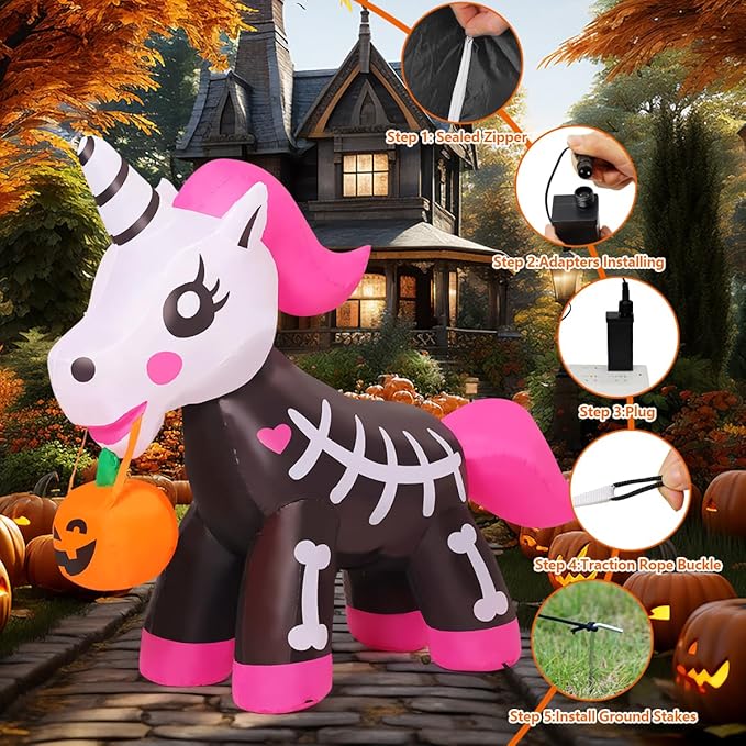COMIN 5 FT Halloween Inflatables Skeleton Unicorn Outdoor Decorations Blow Up Yard Pink Cute with Built-in LEDs for Indoor Party Garden Lawn Decor