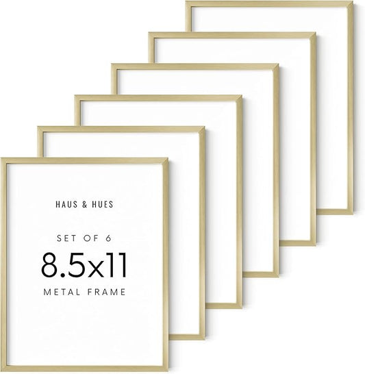 HAUS AND HUES 8.5x11 Gold Metal Picture Frames - Features Premium Aluminum, Vertical & Horizontal Hang, Shatterproof Plexiglass - Perfect for Home, Room, Office (8.5x11 in, Gold, Set of 6)