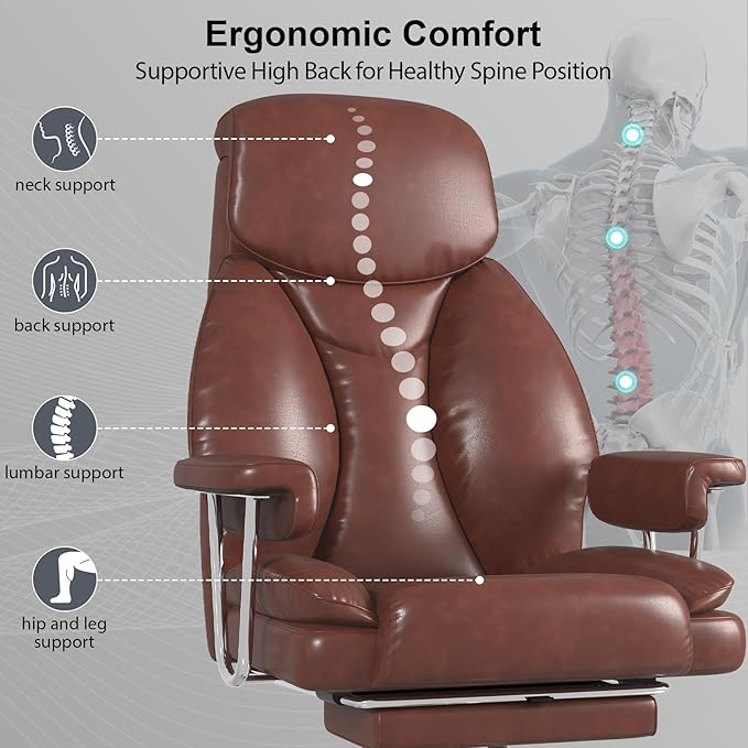 Big and Tall Office Chair, Ergonomic Leather High Back Executive Computer Desk Chair with Retractable Footrest and Padded Arms, 360°Swivel Free, 90-135°Reclining, 500lbs Wide Seat, Brown