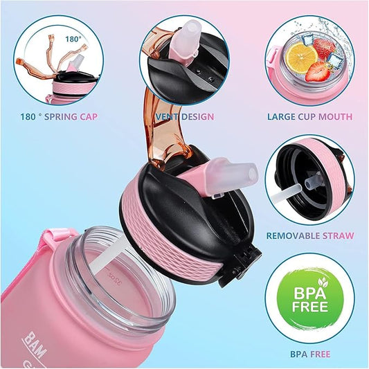 Gigi 32 oz Water Bottle with Times Marker to Drink and Straw, Carrying Strap, Leakproof Tritan BPA-Free, Ensure You Drink Enough Water for Fitness, Gym, Camping, Outdoor Sports