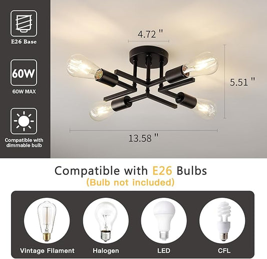 Industrial 4-Lights Semi Flush Mount Ceiling Light Fixture Modern Metal Black Sputnik Chandeliers with E26 Bulb Base Close to Ceiling Light for Kitchen Dining Room Living Room Hallway Bedroom Entryway
