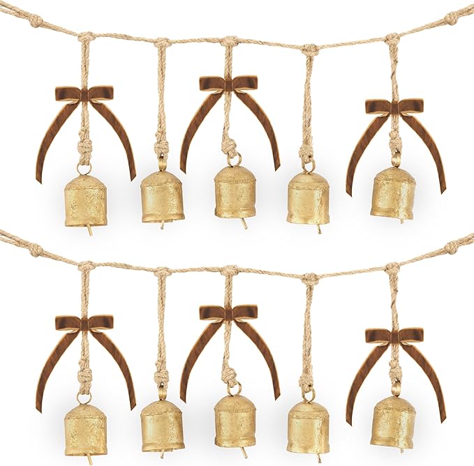 Rustic Golden Christmas Bell Ornaments and Velvet Bows – Beautiful Ornament Set of 10 Adds Elegance to Any Modern or Farmhouse Christmas Tree Decor – Giftable Vintage Bells w/a Festive Holiday Sound