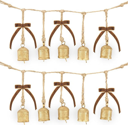 Rustic Golden Christmas Bell Ornaments and Velvet Bows – Beautiful Ornament Set of 10 Adds Elegance to Any Modern or Farmhouse Christmas Tree Decor – Giftable Vintage Bells w/a Festive Holiday Sound