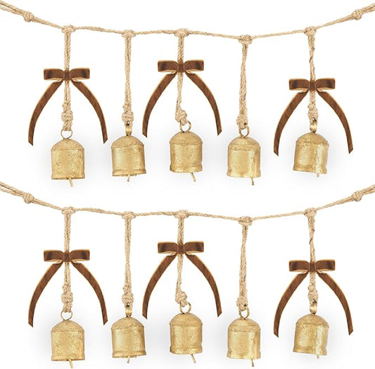 Rustic Golden Christmas Bell Ornaments and Velvet Bows – Beautiful Ornament Set of 10 Adds Elegance to Any Modern or Farmhouse Christmas Tree Decor – Giftable Vintage Bells w/a Festive Holiday Sound