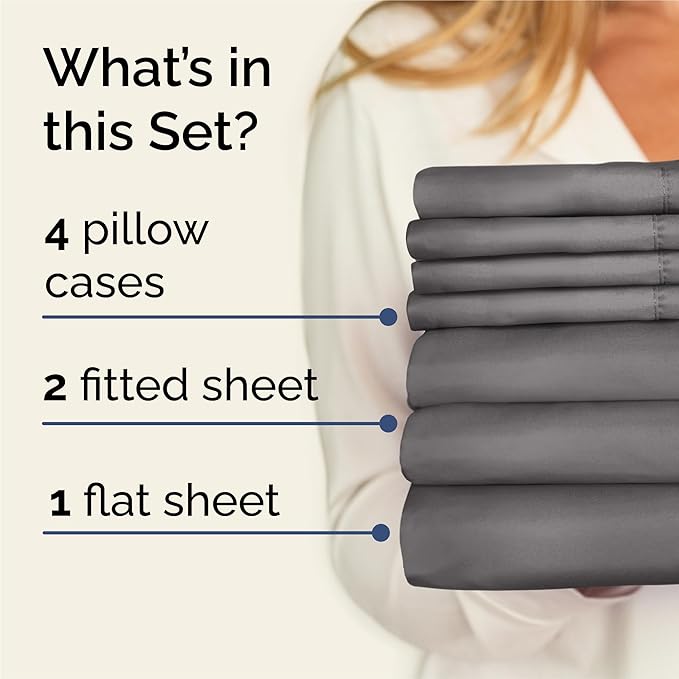 CGK Linens Split King 7 Piece Sheet Set - Cooling Sheets for Hot Sleepers - Hotel Luxury Bedding Set with 8-16 Inch Deep Pockets - 1 Flat & 2 Fitted & 4 Pillowcases - Soft & Wrinkle Free - Split King