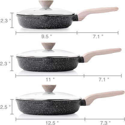 Kordisen Nonstick Frying Pan Set with Lids, 3 Piece Skillet Set, Healthy Induction Cookware Cooking Pan, Stay-Cool Handle, Compatible with All Stovetops, PFOA Free (9.5, 11, 12.5 Inch)