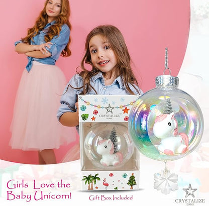 Baby Unicorn Christmas Ornament - Handmade Shatterproof Decorations for Indoor Outdoor Xmas Tree - Clear Ball Ornaments with Magnetic Crystal - Great Gift or Stocking Stuffer for Mom, Sister, Friend