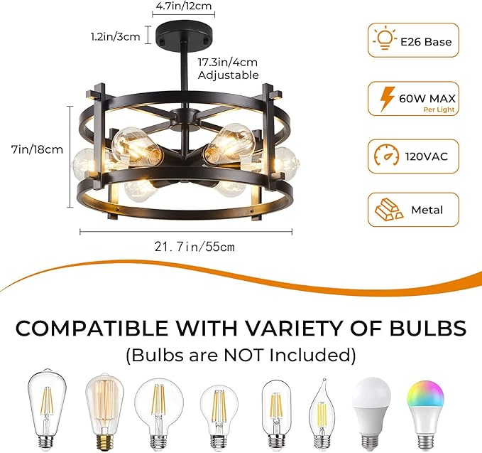 Industrial Semi Flush Mount Ceiling Light,17.72"D x 11.41"H,Black Fixture Ceiling Mount with Modern Style,6-Light Rustic Metal Ceiling Light Fixture for Kitchen,Dining Room, Hallway, Entryway