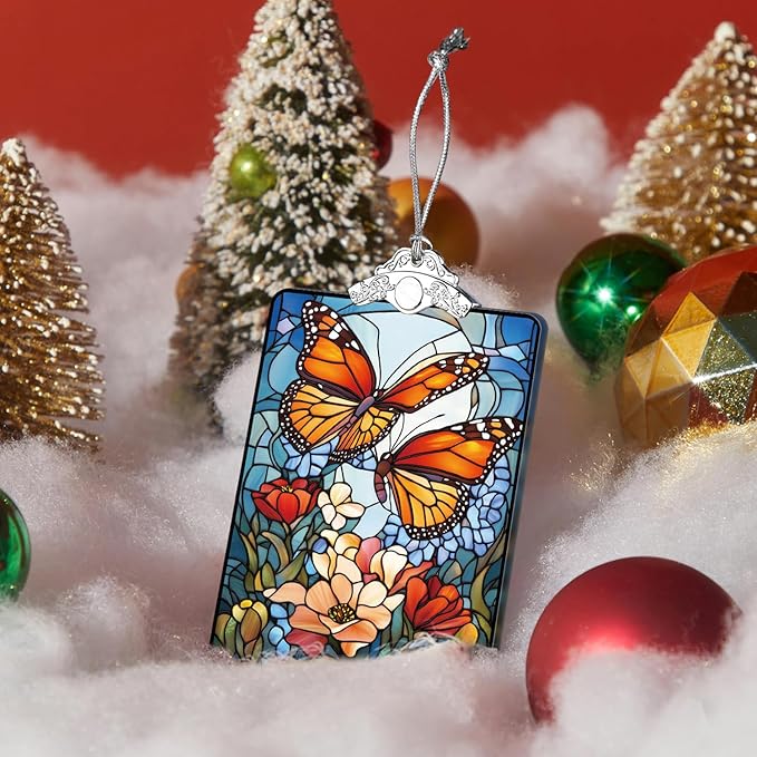 Butterfly Stained Glass Ornament, 2025 Christmas Tree Hanging Decoration for Gift Exchange or Stocking Stuffer, Floral Holiday Decor, 3.8 x 2.4 Inch