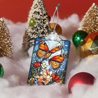 Butterfly Stained Glass Ornament, 2025 Christmas Tree Hanging Decoration for Gift Exchange or Stocking Stuffer, Floral Holiday Decor, 3.8 x 2.4 Inch