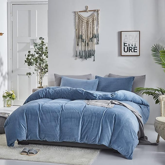 Cottonight Blue Velvet Twin Bedding - Bright Blue Flannel Blanket Quilts Winter Warm Thick Heavyweight 3 Pcs Comforter Set
